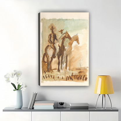 Western Riders – Vintage Rustic Cowboy Sketch Wall Art on Natural Wood Canvas | W997
