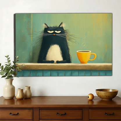 Grumpy Black Cat with Coffee Wall Art – Moody Morning Cat Canvas Print on Natural Wood Frame | W2418
