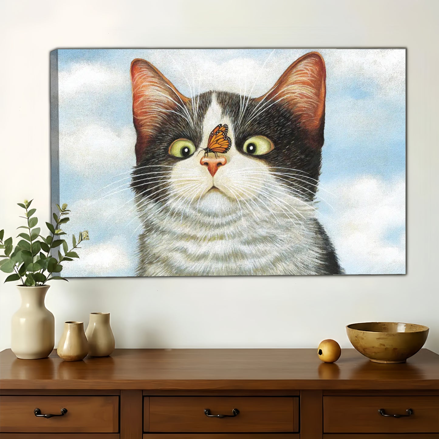 Cat with Butterfly on Nose Wall Art - Whimsical Pet Canvas Print|W1342