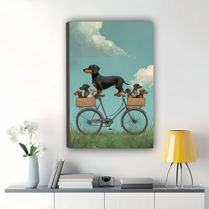 The Biking Dachshund Family – Whimsical Pet Wall Art on Natural Wood Canvas | W667