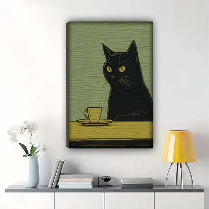 Mini Black Cat with Coffee Cup – Vintage Tiny Wall Art on Natural Wood Canvas | W744
