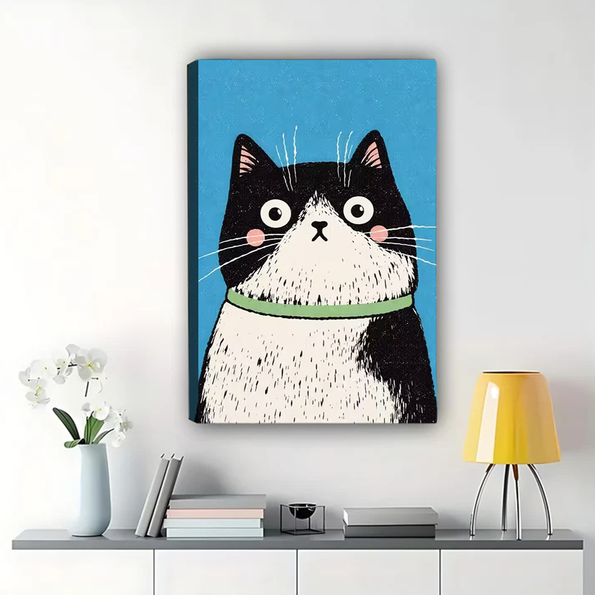 Surprised Tuxedo Cat Wall Art - Funny Wide-Eyed Cat Print|W1150