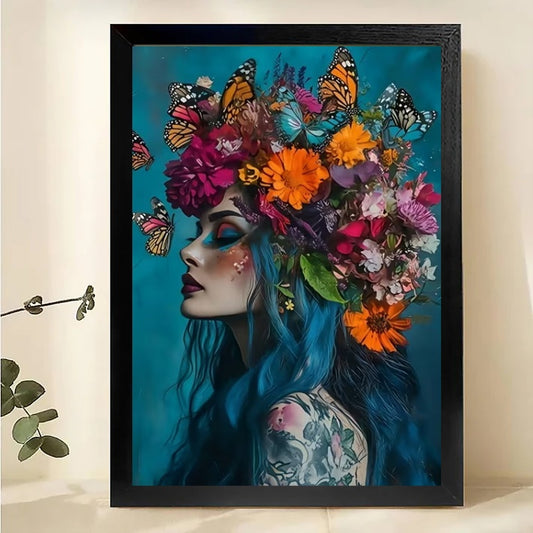Butterfly Floral Woman Canvas Wall Art - Turquoise Blue Framed Print|W1007