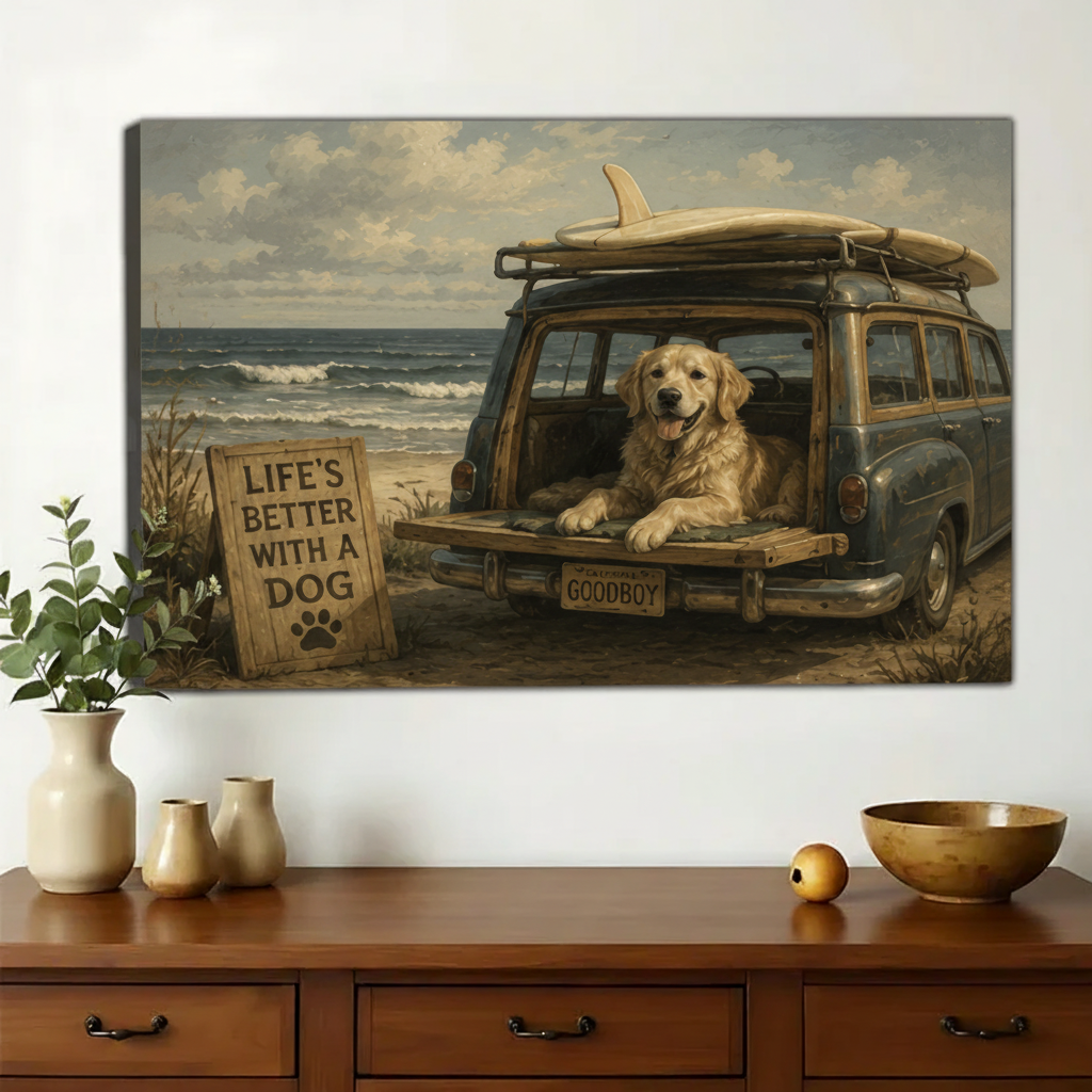 Golden Retriever in a Vintage Beach Wagon Wall Art – Coastal Retro Dog Canvas Print on Natural Wood Frame | W2287