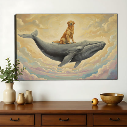 The Vintage Whale Rider – Whimsical Nostalgic Wall Art on Natural Wood Canvas | W649