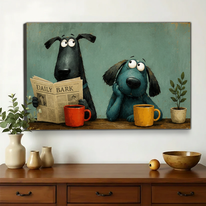 Dogs Reading Daily Bark Newspaper Wall Art – Whimsical Morning Routine Canvas Print on Natural Wood Frame | W2328