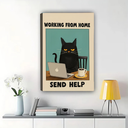 Working From Home Cat Poster - Funny Black Cat Office Wall Art Print|W1156