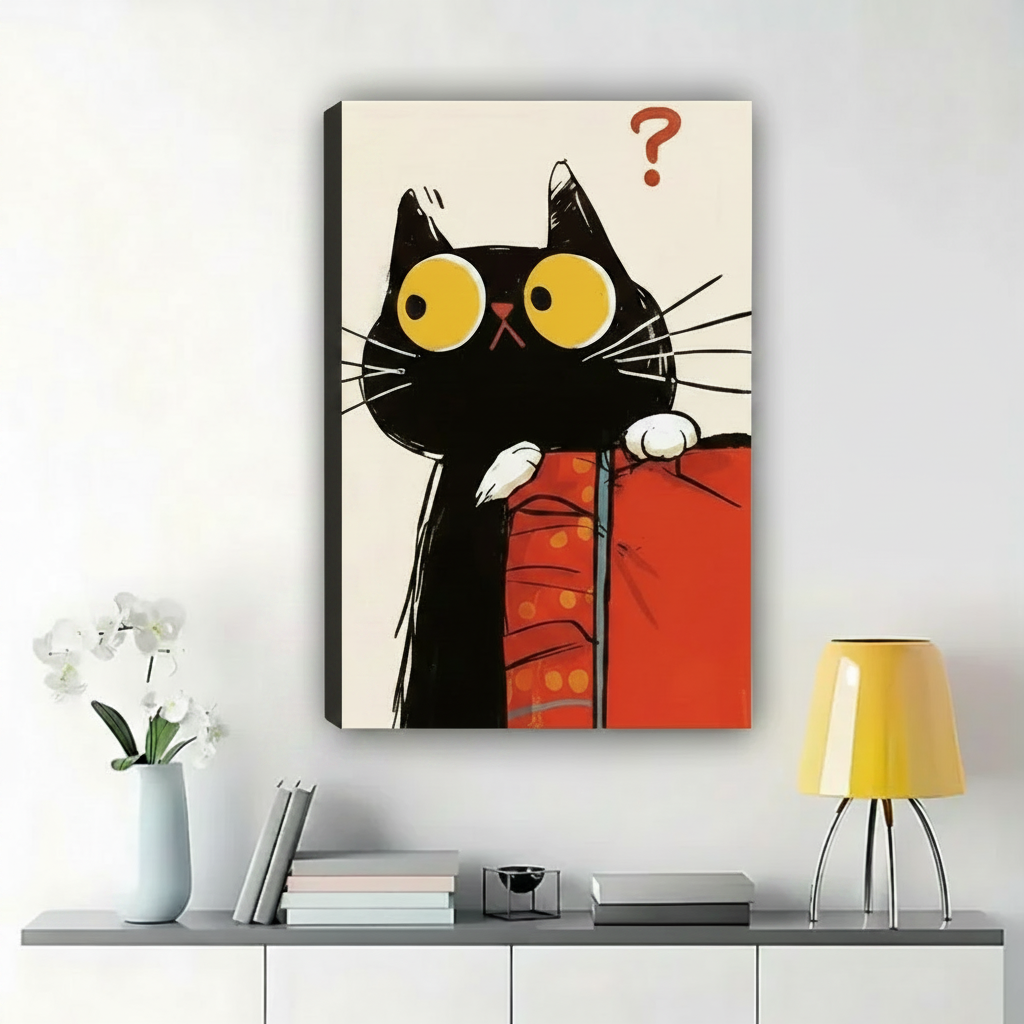 Nosy Black Cat Peeking Over a Gift Box Wall Art – Funny Holiday Canvas Print on Natural Wood Frame | W2220
