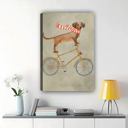 Dog Riding Bicycle Wall Art - Whimsical Dachshund Canvas Print|W1335
