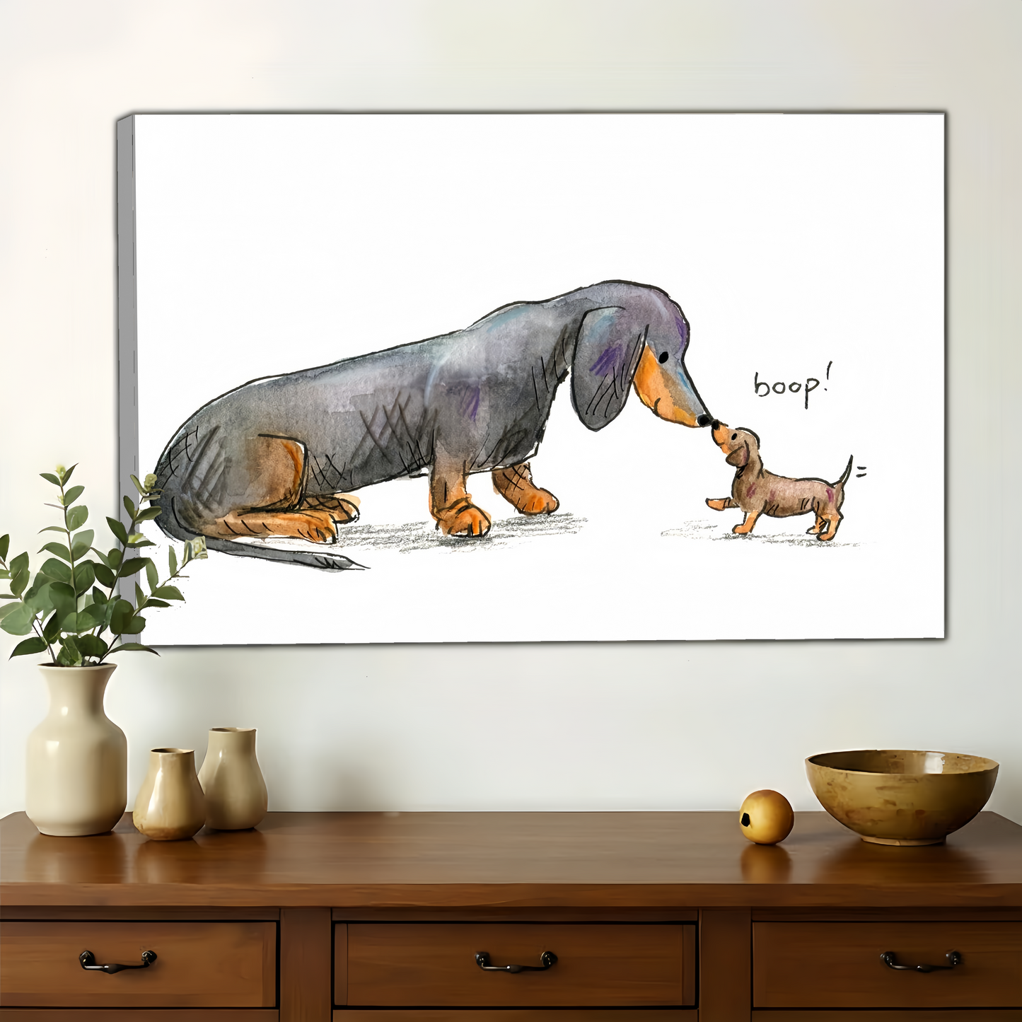 Dachshund Boop Nose to Nose Wall Art - Funny Watercolor Sketch Canvas Print| W1402