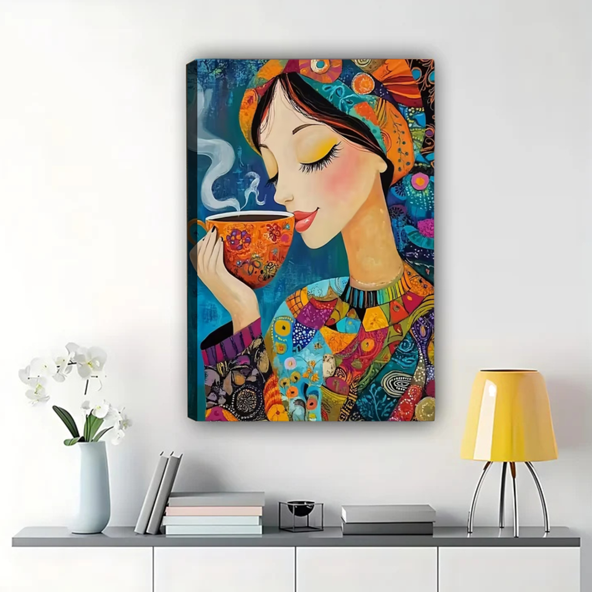 Colorful Woman with Coffee Canvas Print - Whimsical Modern Wall Art|W1121