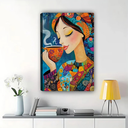 Colorful Woman with Coffee Canvas Print - Whimsical Modern Wall Art|W1121