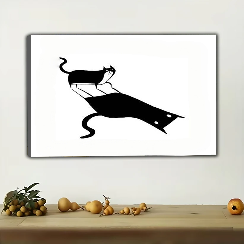 Cat Shadow Silhouette Wall Art - Playful Black and White Print|W1234