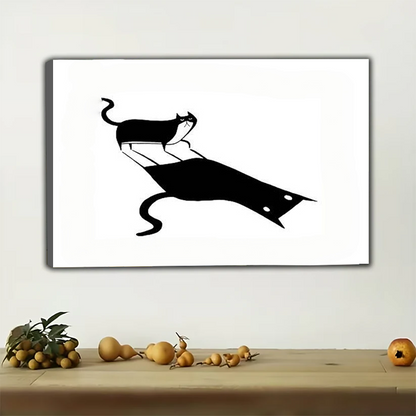 Cat Shadow Silhouette Wall Art - Playful Black and White Print|W1234