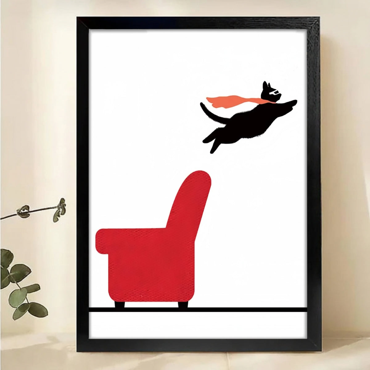 Flying Cat Superhero - Minimalist Black Cat Canvas Wall Art|W1174
