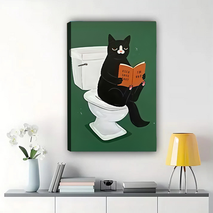 Black Cat Reading on Toilet Wall Art - Funny Bathroom Decor Print|W1148