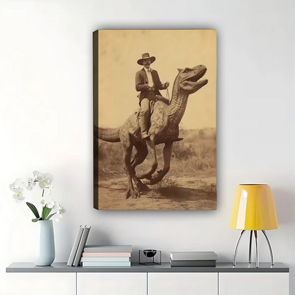 Cowboy Riding Dinosaur Canvas Wall Art - Vintage Western T-Rex Print|W1062