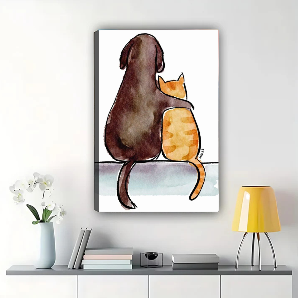 Dog and Cat Friends Wall Art - Watercolor Friendship Print|W1272