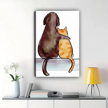 Dog and Cat Friends Wall Art - Watercolor Friendship Print|W1272
