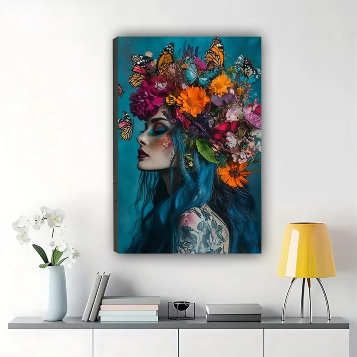 Butterfly Floral Woman Canvas Wall Art - Turquoise Blue Framed Print|W1007
