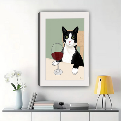 Tuxedo Cat with Red Wine Glass Wall Art - Minimalist Illustrated Canvas Print|W1397