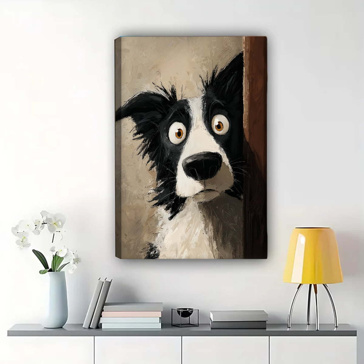 Dog Peeking Behind Door Wall Art - Curious Border Collie Print|W1297