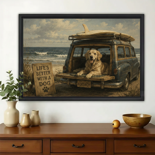 Golden Retriever in a Vintage Beach Wagon Wall Art – Coastal Retro Dog Canvas Print on Natural Wood Frame | W2287