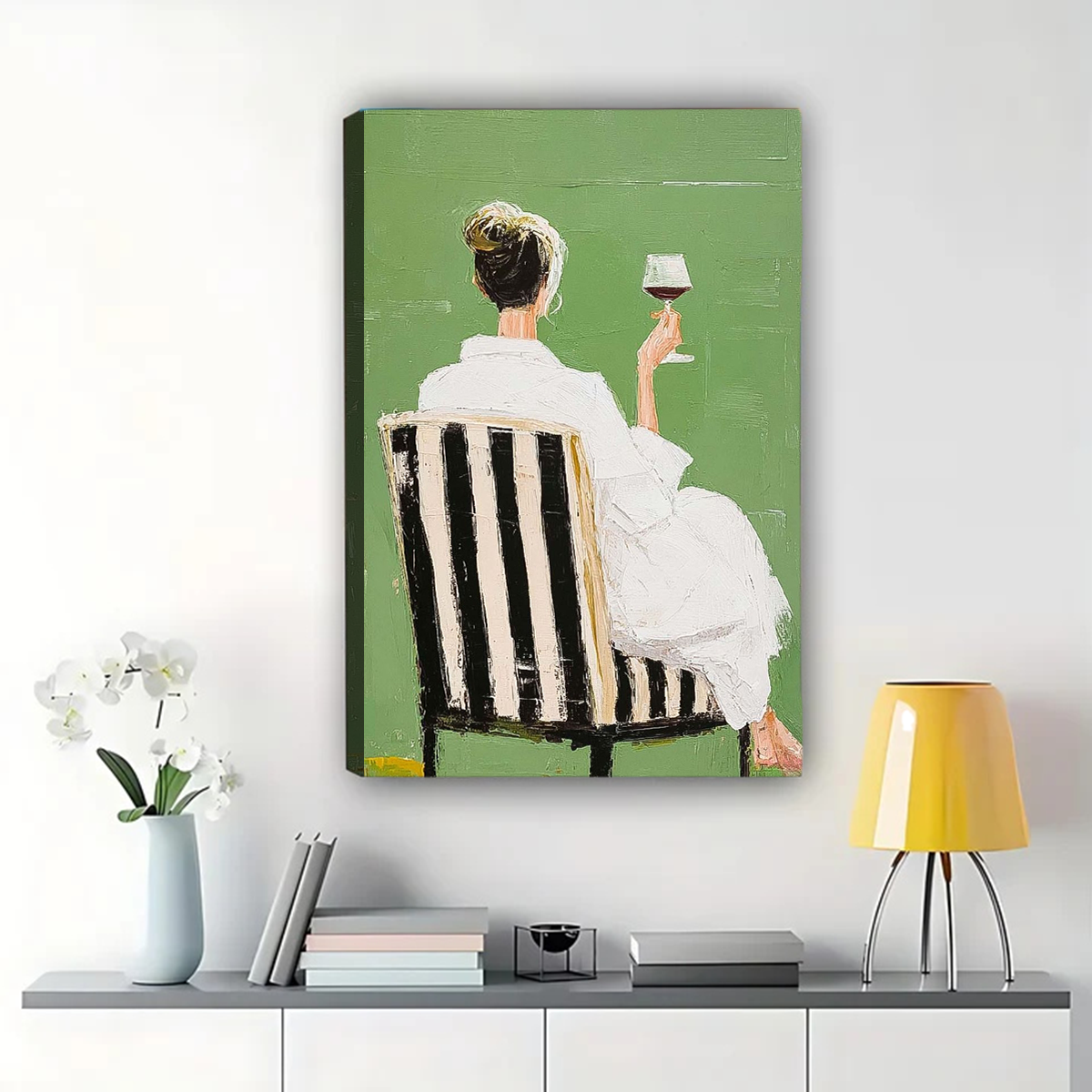 Woman with Wine Wall Art - Elegant Green Textured Print|W1270