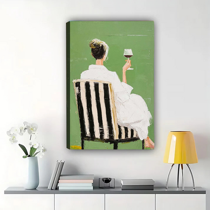 Woman with Wine Wall Art - Elegant Green Textured Print|W1270