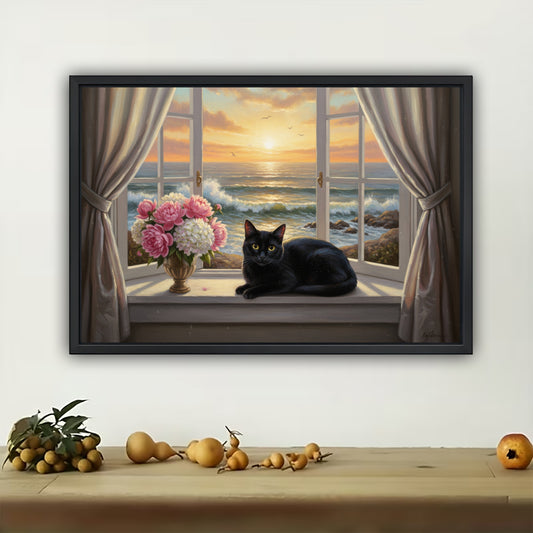 The Cozy Sunset Window Black Cat – Warm Healing Wall Art on Natural Wood Canvas | W573