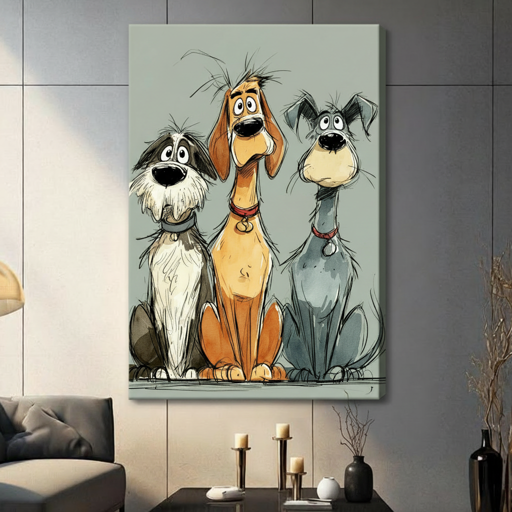 Funny Three Dogs Portrait Canvas Art w7312