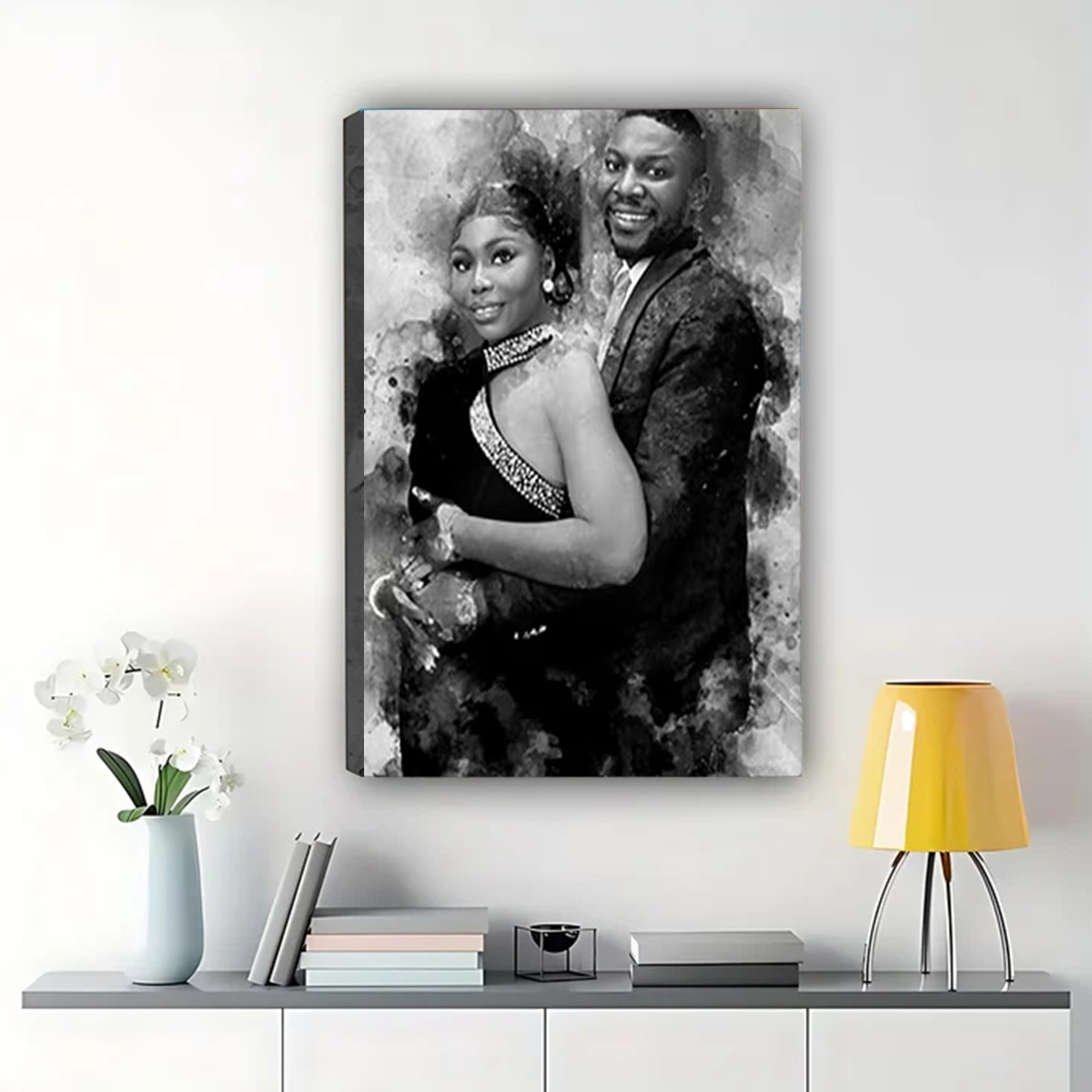 Custom Black and White Watercolor Portrait - Personalized Canvas Art