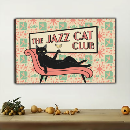 The Jazz Cat Club – Retro Feline Wall Art on Natural Wood Canvas | W557