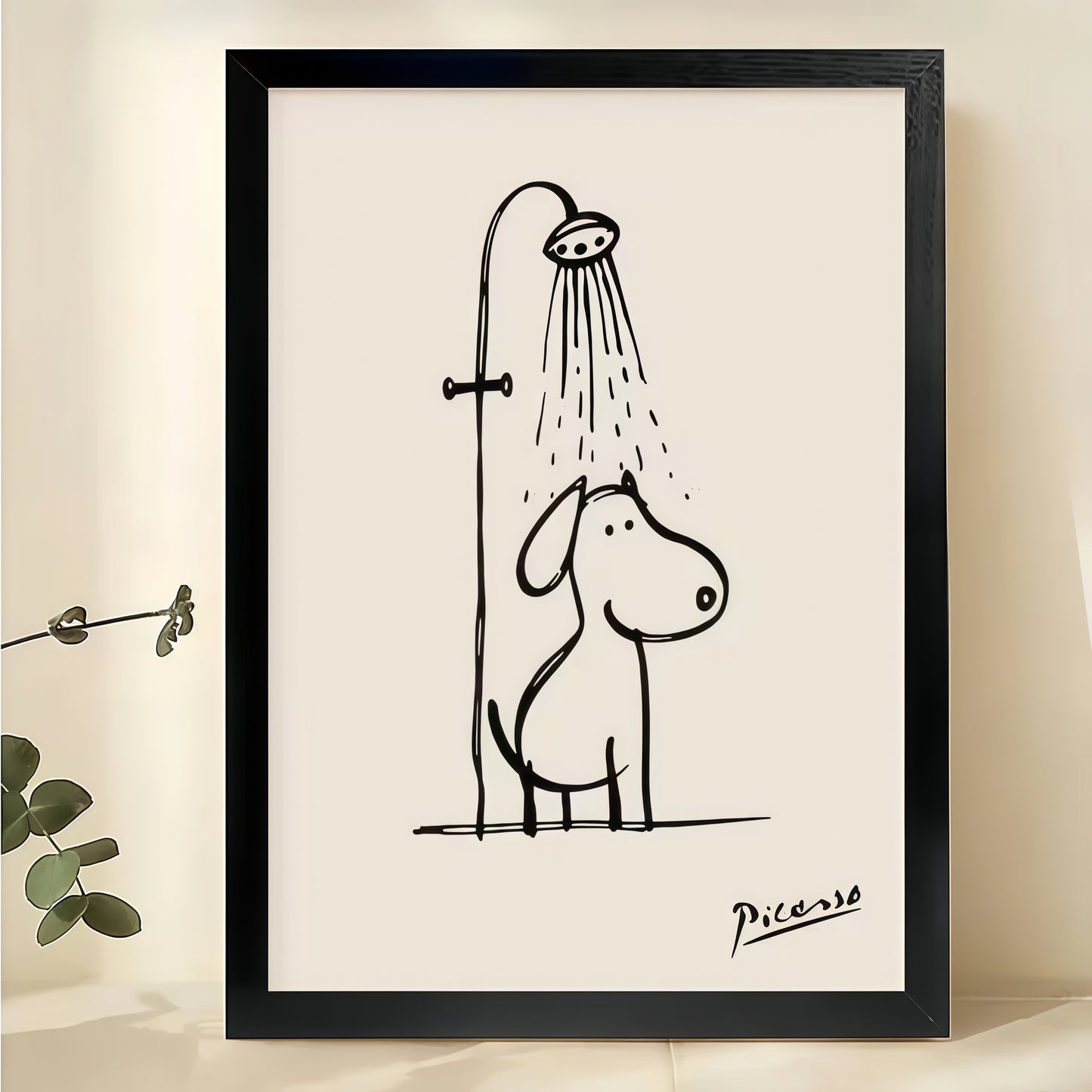 Picasso  Showering Dog – Minimalist Bathroom Line Art Wall Art on Natural Wood Canvas | W936