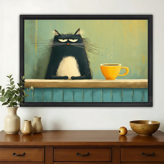 Grumpy Black Cat with Coffee Wall Art – Moody Morning Cat Canvas Print on Natural Wood Frame | W2418