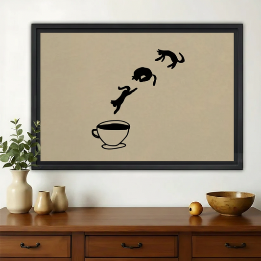 Cats Jumping into Coffee Cup Wall Art – Cute Minimalist Cat Canvas Print on Natural Wood Frame | W2412