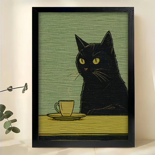 Mini Black Cat with Coffee Cup – Vintage Tiny Wall Art on Natural Wood Canvas | W744