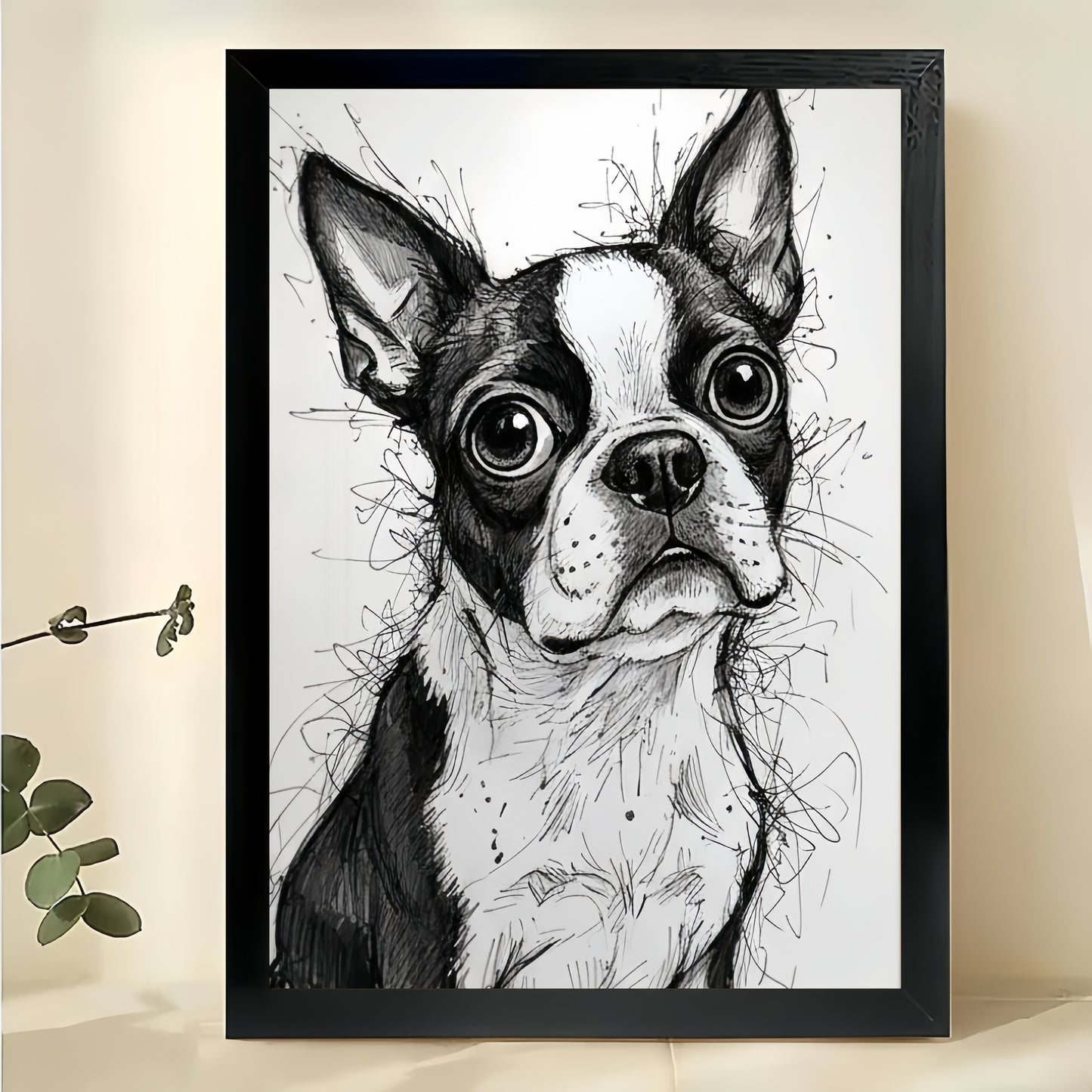 Sketch-Style Big-Eyed Boston Terrier – Whimsical Black & White Line Art Wall Art on Natural Wood Canvas | W731