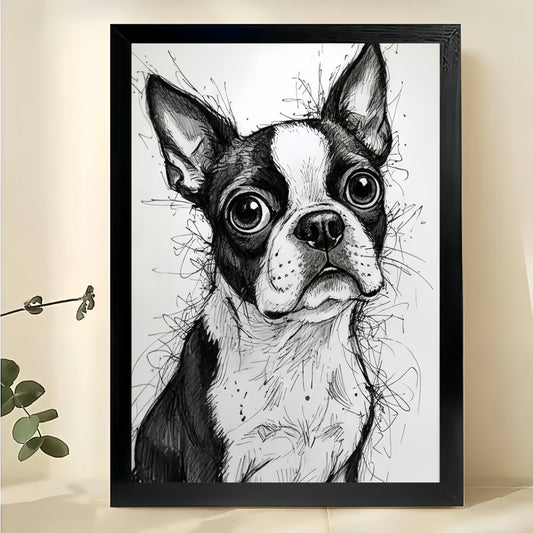Sketch-Style Big-Eyed Boston Terrier – Whimsical Black & White Line Art Wall Art on Natural Wood Canvas | W731