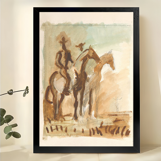 Western Riders – Vintage Rustic Cowboy Sketch Wall Art on Natural Wood Canvas | W997