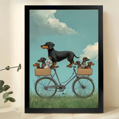The Biking Dachshund Family – Whimsical Pet Wall Art on Natural Wood Canvas | W667
