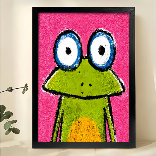 Mini Cartoon Frog in Tiny Gold Frame – Playful Compact Wall Art on Natural Wood Canvas | W775