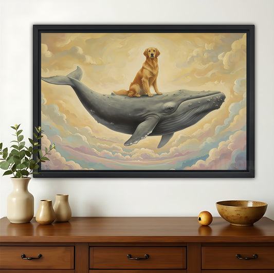 The Vintage Whale Rider – Whimsical Nostalgic Wall Art on Natural Wood Canvas | W649