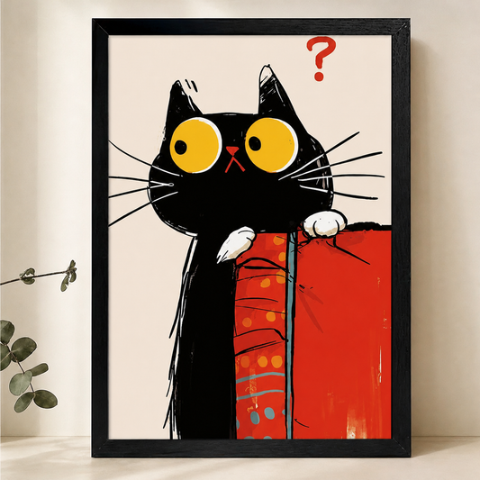 Nosy Black Cat Peeking Over a Gift Box Wall Art – Funny Holiday Canvas Print on Natural Wood Frame | W2220