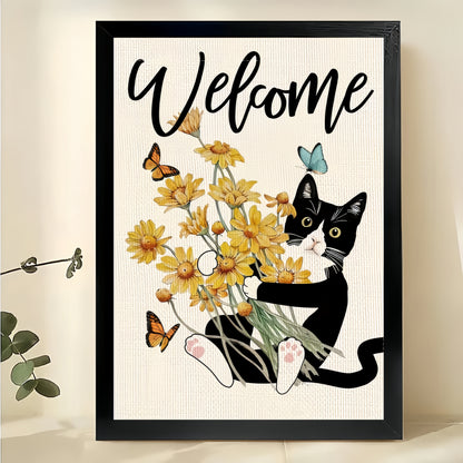 “Welcome” Black & White Cat with Sunflowers – Cheerful Garden Wall Art on Natural Wood Canvas | W764
