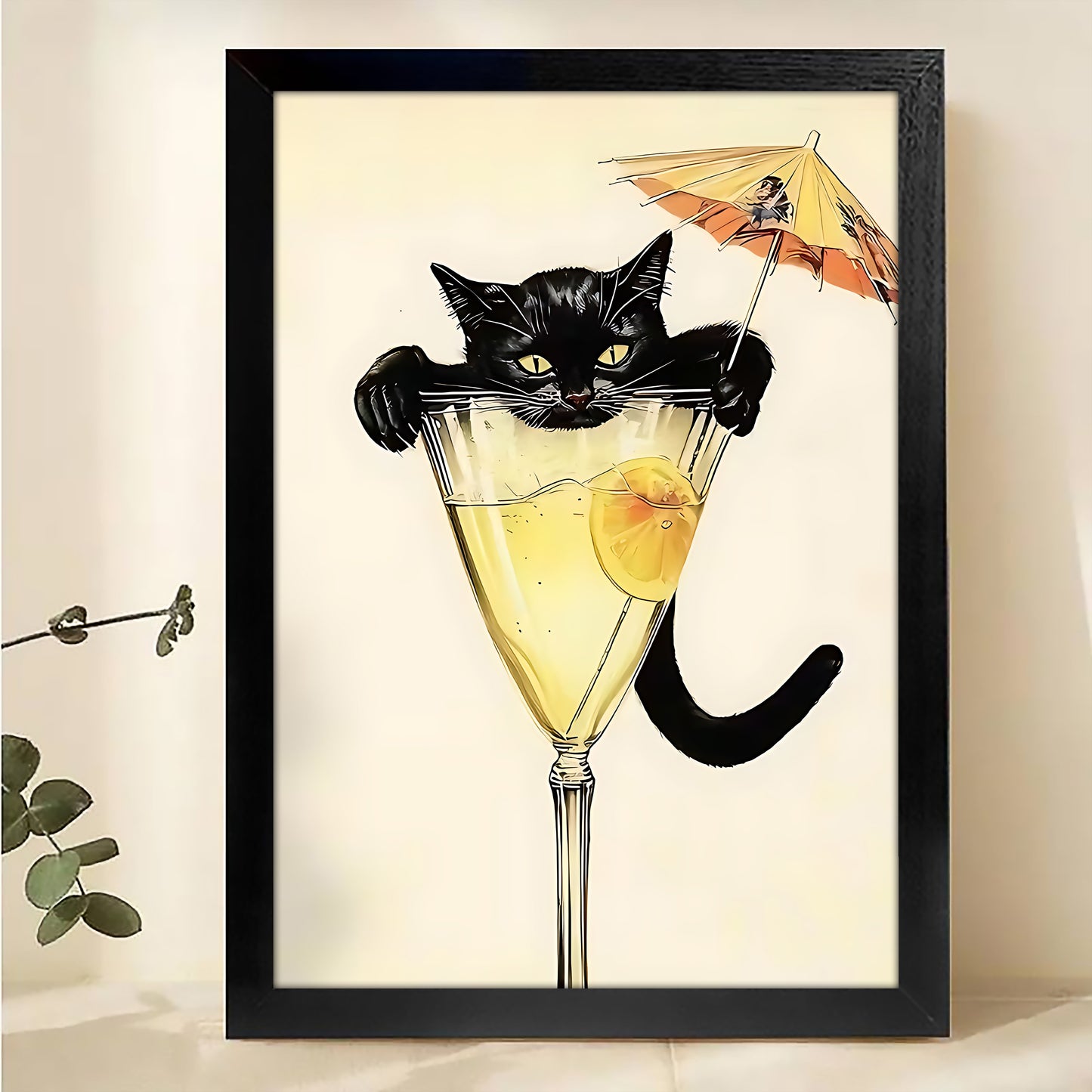 Whimsical Black Cat in Martini Glass Art Print – Funny Cat Wall Decor for Kitchen Bar| W521