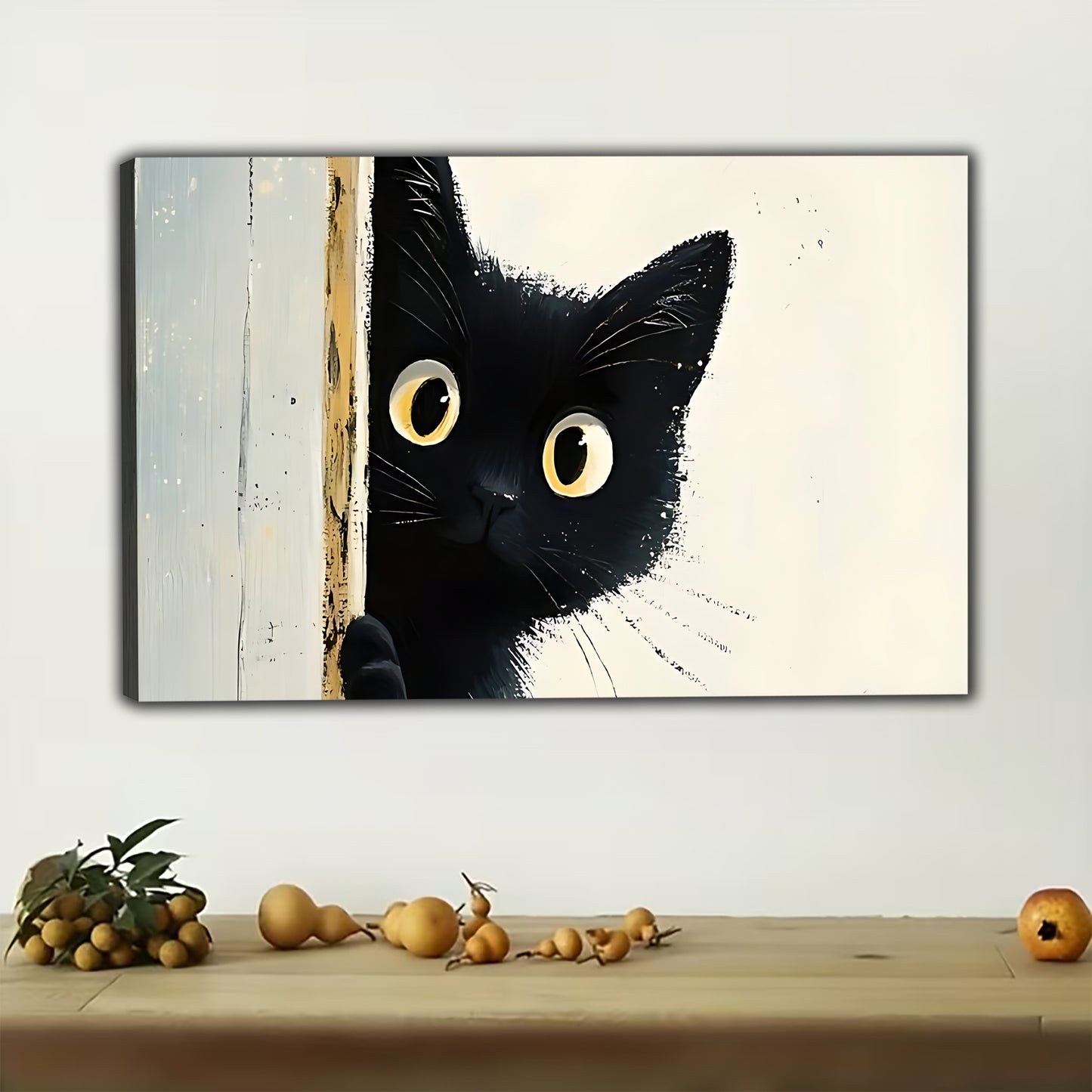 Peekaboo Black Cat – Abstract Wall Art on Natural Wood Canvas | W300
