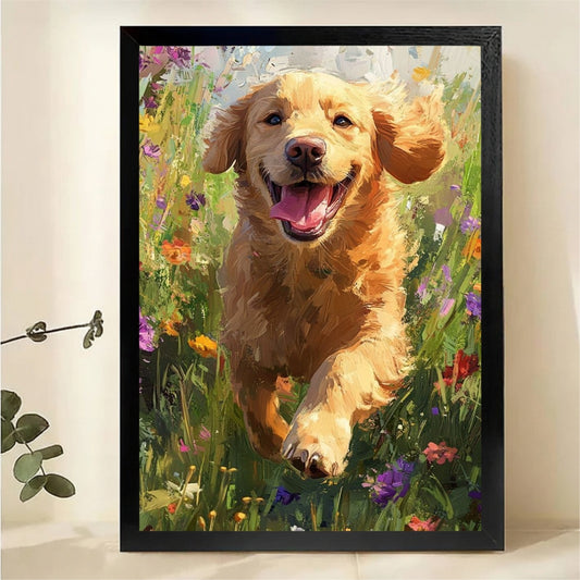 Golden Retriever in Wildflowers Wall Art - Joyful Garden Print|W1285