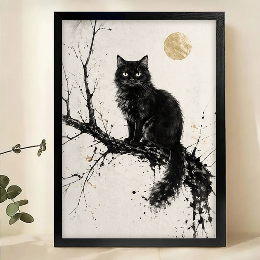 Black Cat Under Gold Moon Wall Art – Luxury Minimalist Ink Art Canvas Print on Natural Wood Frame | W2192