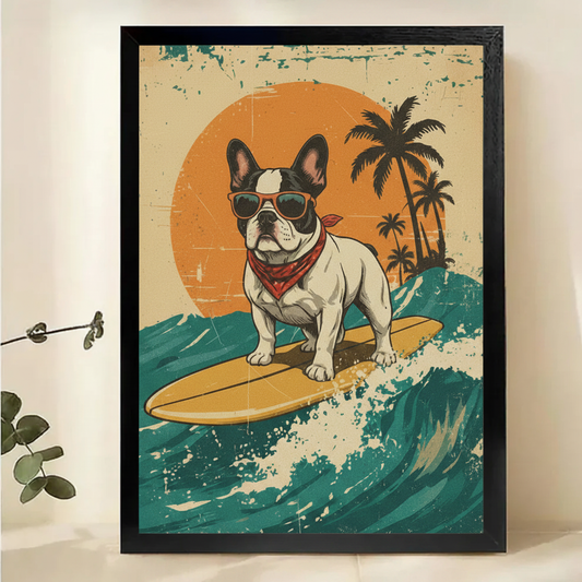 Surfing French Bulldog Wall Art – Retro Vintage Dog Canvas Print on Natural Wood Frame | W2245